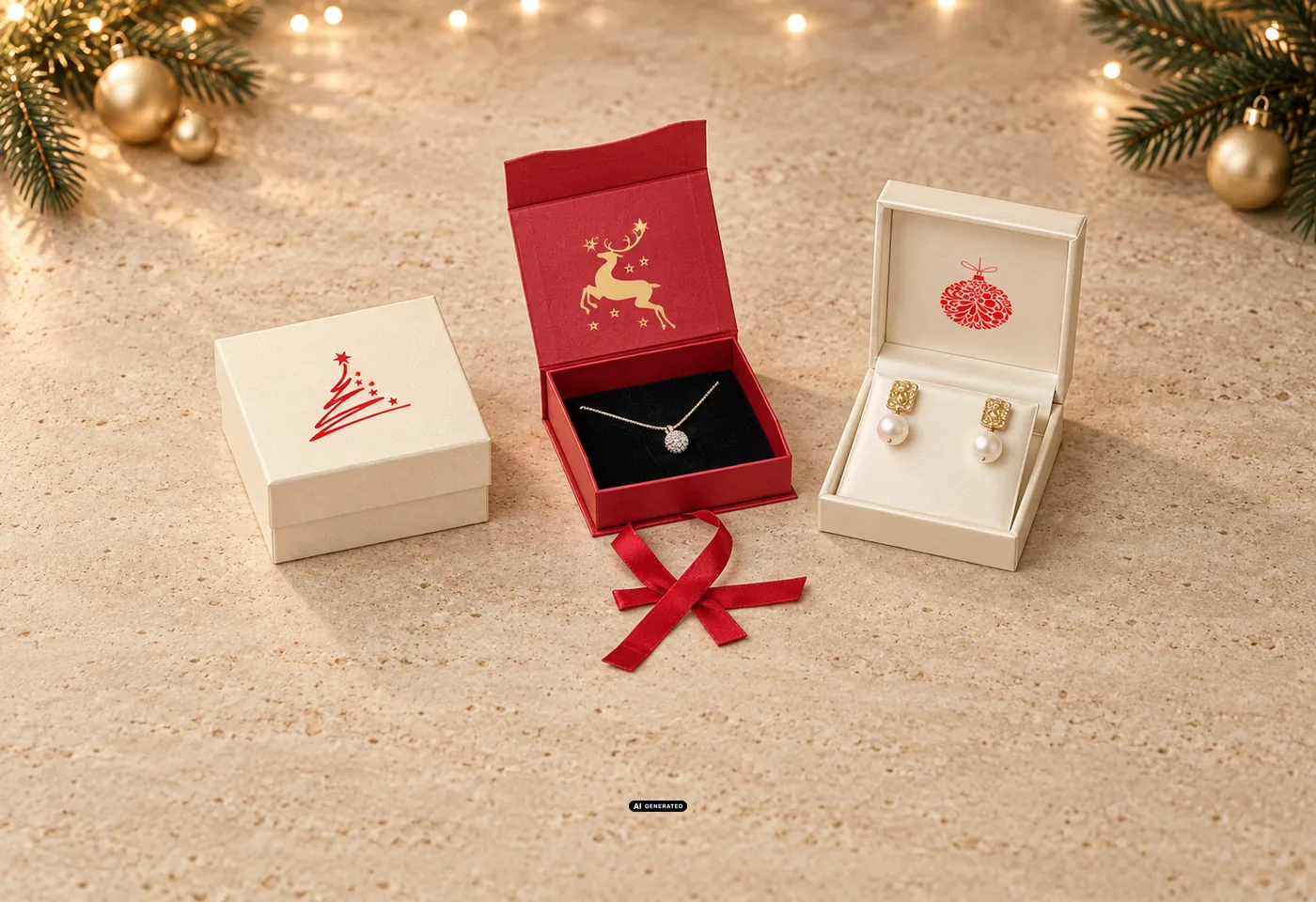Trois écrins LESER pour Noël : boîte 0230 PLAIN crème avec motif TREE, écrin 0275 CELEBRATION rouge avec cerf doré à l'intérieur et écrin 5530 BRILLIANT crème avec motif BAUBLE à l'intérieur
