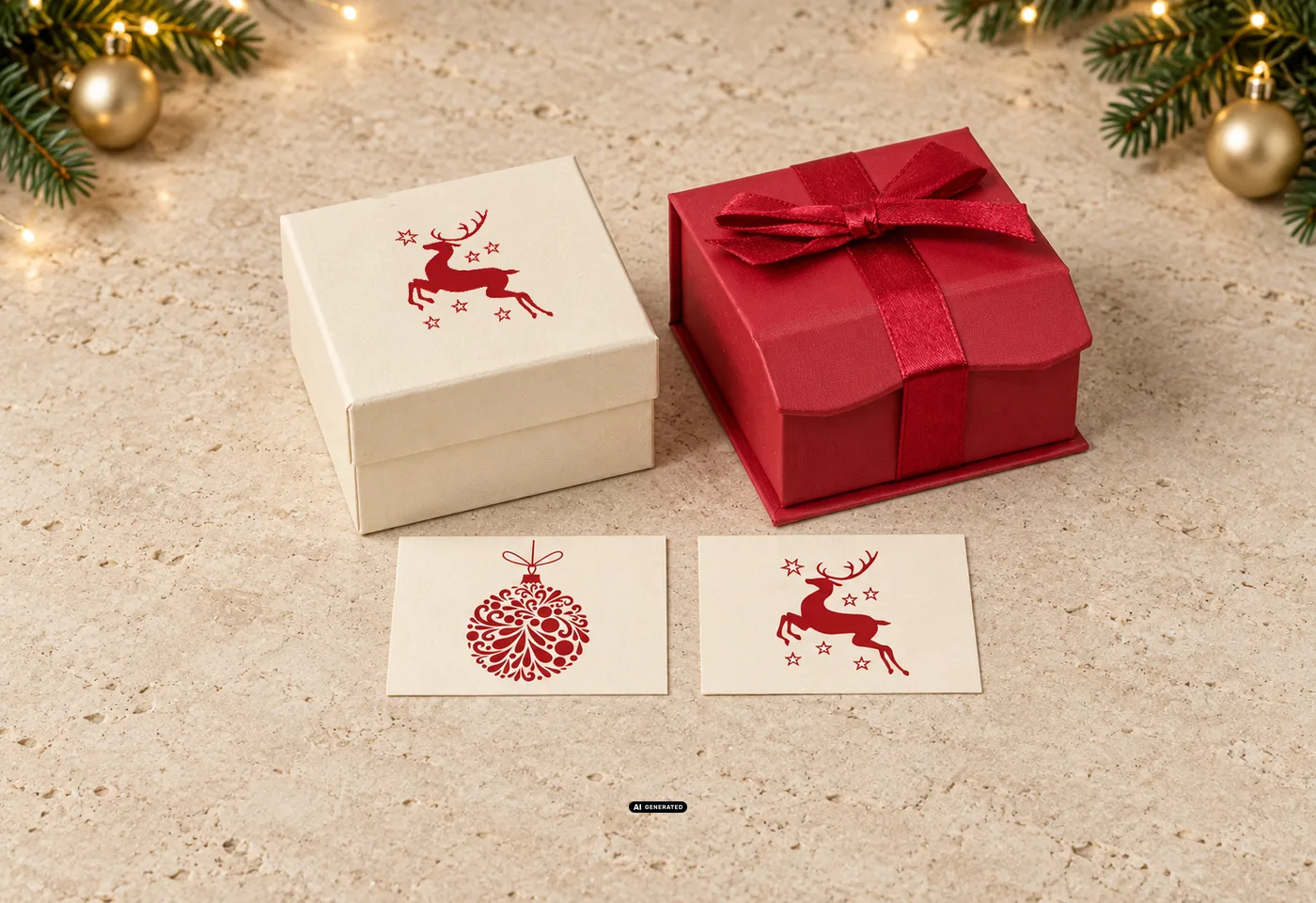 Boîte LESER 0230 PLAIN avec motif DEER, écrin 0275 CELEBRATION avec ruban et cartes d'échantillons avec motifs de Noël