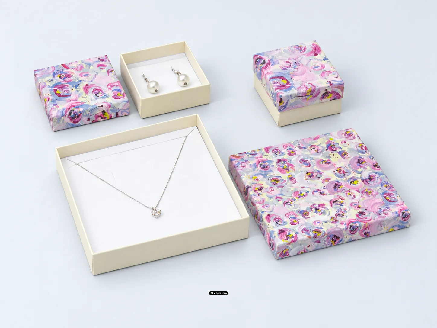 Kartonschachteln der Serie 0140 FLOWER in floral/creme mit Schmuck